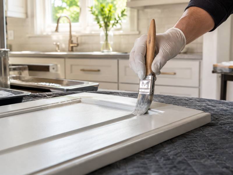 A brush cuts in white paint along the edge of a cabinet door.