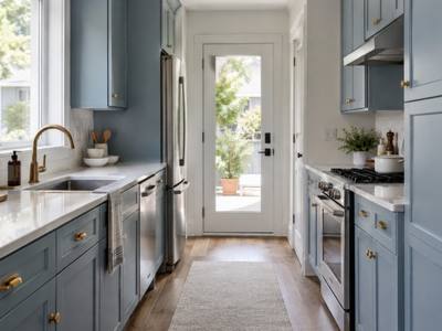 A blue-grey painted galley kitchen runs the length of a narrow room.