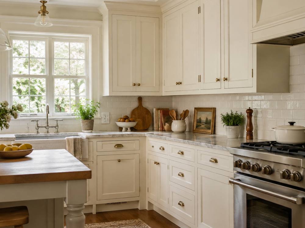 A cream cottage-style kitchen with brass pulls, a farmhouse sink and marble counters.