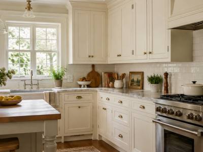 A cream painted cottage-style kitchen pairs with wood countertops.
