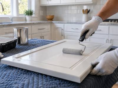 Gloved hands roll white paint onto a cabinet door laid flat on a padded table.
