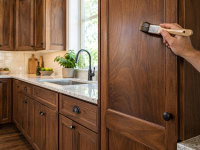 A dark walnut stained kitchen shows the depth a refinished finish keeps.