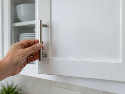 A hand checks the smooth sprayed finish on a white cabinet door.