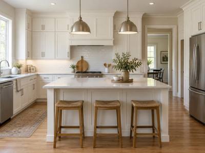 A bright white shaker kitchen with an island and a range, sprayed white by Kingston Cabinet Painting.