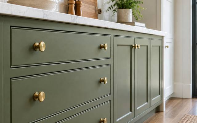 A close view of sage green drawer fronts fitted with brass knobs.