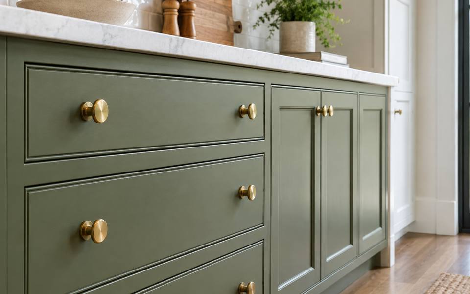 A close view of sage green drawer fronts fitted with brass knobs.