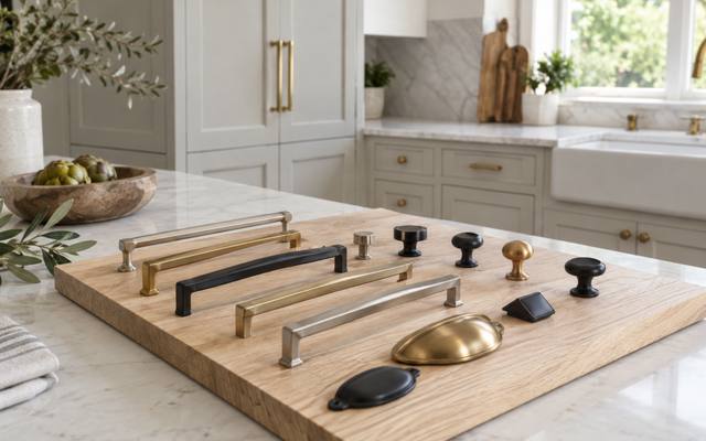 Hardware samples are laid out on a counter for the owner to choose from.