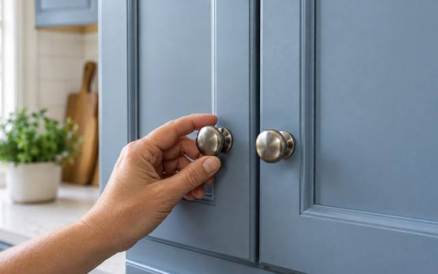 A brushed nickel knob sits on a blue-grey painted door.