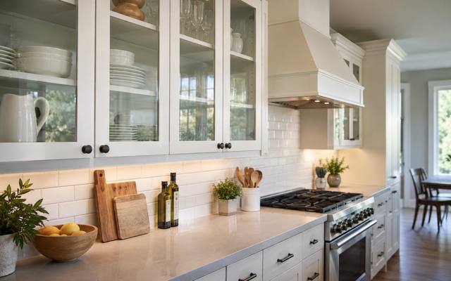 Glass-front upper cabinets are lit from inside above the counter.