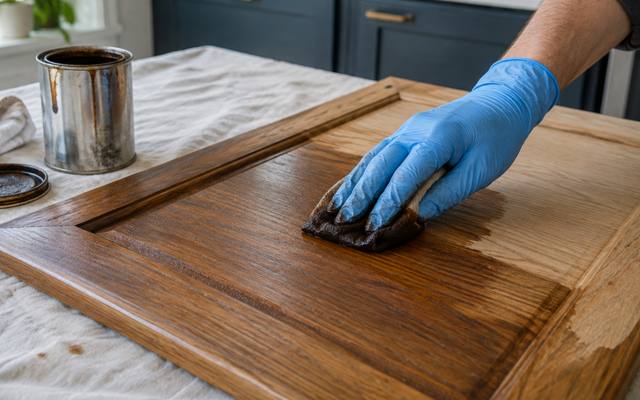 A cloth applies fresh stain to a wood cabinet door.