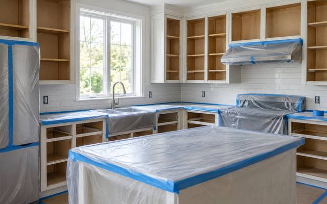 Plastic sheeting and tape cover a kitchen whose doors have all been removed for spraying.