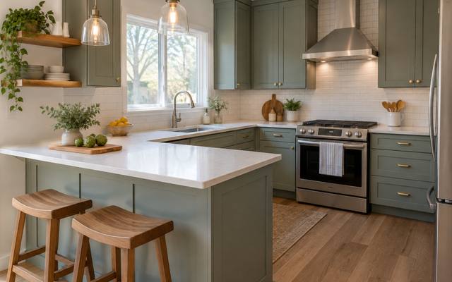 A small condo kitchen has a breakfast bar with two stools.