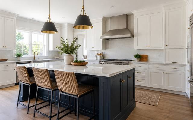 A navy blue island sits in front of white perimeter cabinets in a Kingston kitchen.