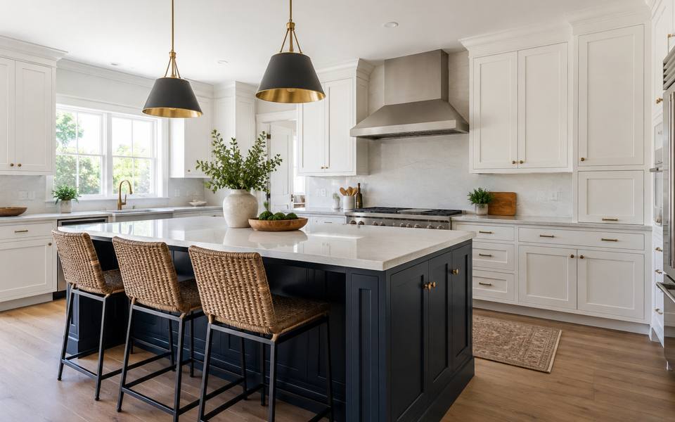 A navy blue island sits in front of white perimeter cabinets in a Kingston kitchen.