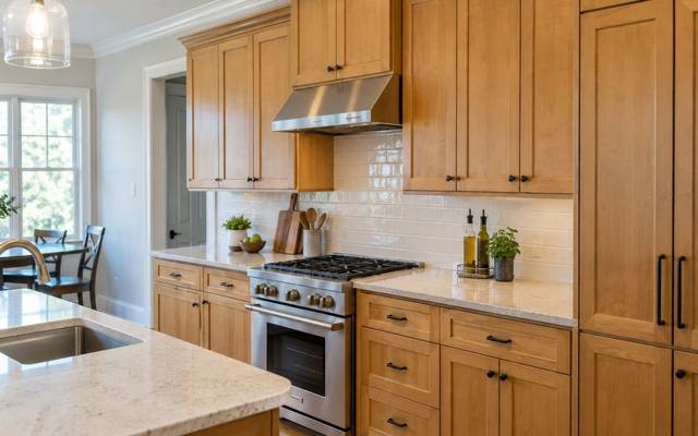 A honey maple kitchen shows the warm tone that most owners now paint over.