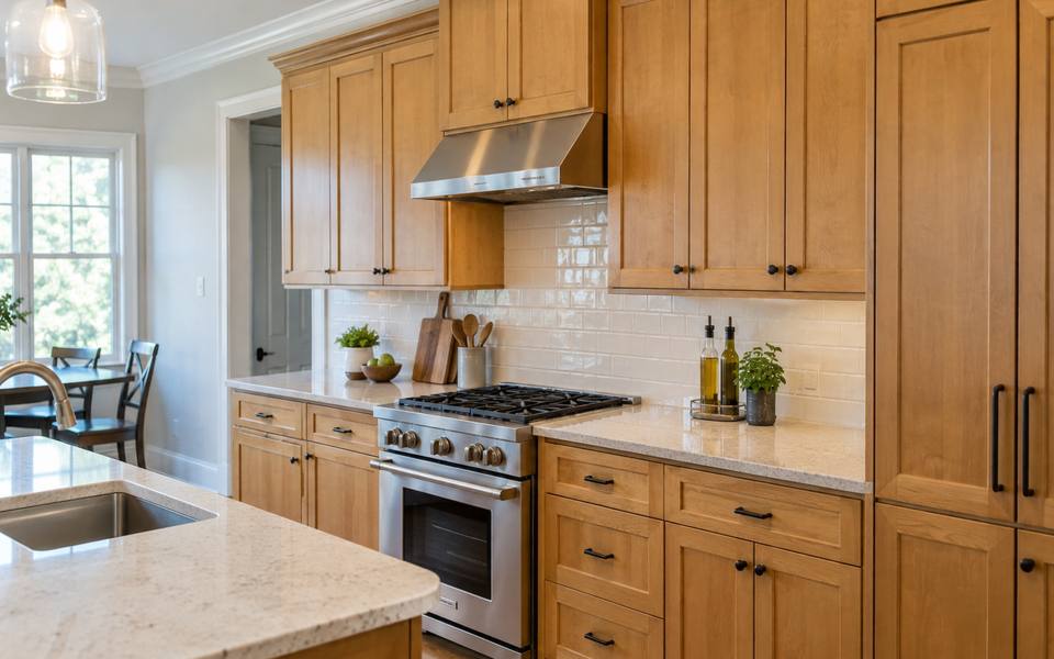 A honey maple kitchen shows the warm tone that most owners now paint over.