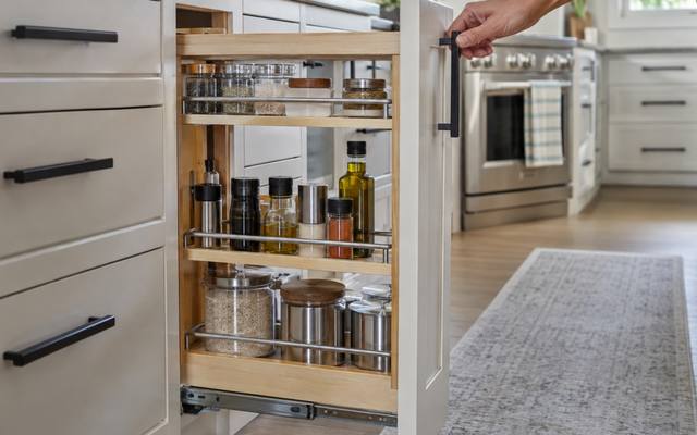 A pull-out organizer slides out from inside a base cabinet.