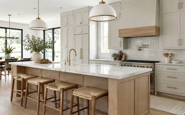 An open-plan kitchen with an island and pendant lights is ready for listing photos.