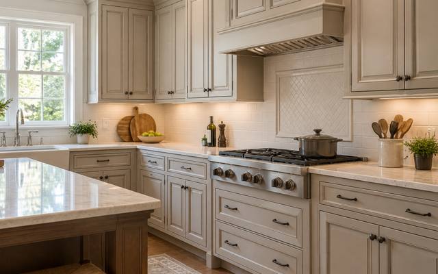 A close view of warm greige painted cabinet doors with brass knobs.