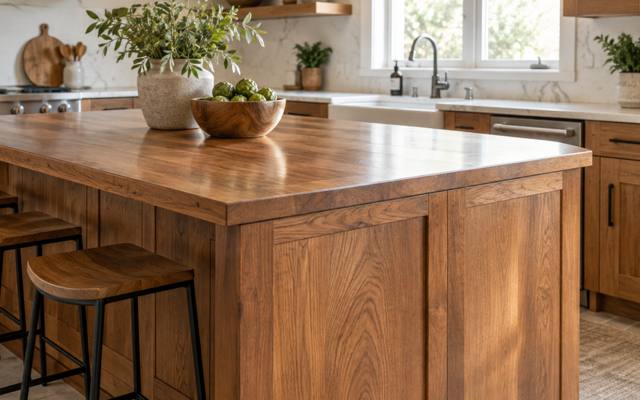 A restored wood island with stools stands in a white painted kitchen.