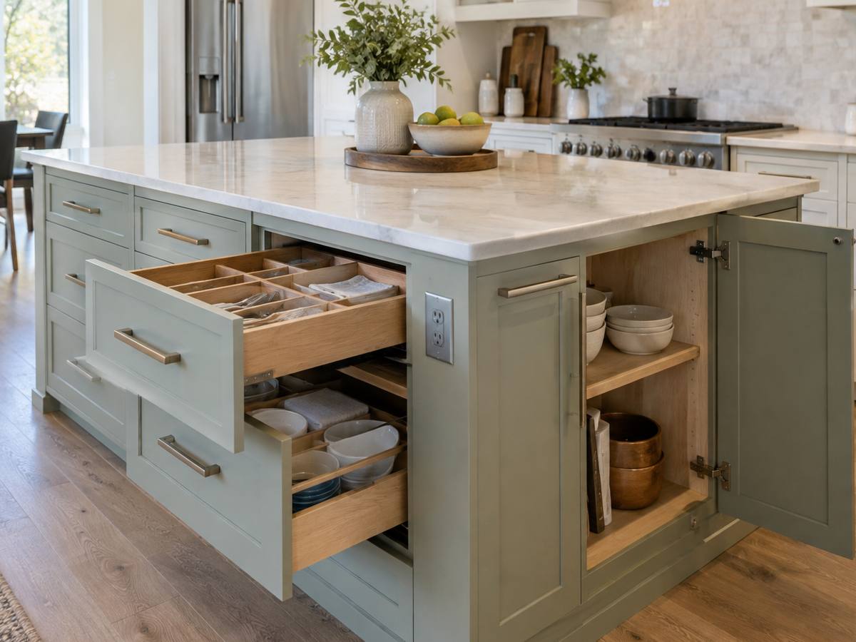 An island with its drawers open shows the storage inside.