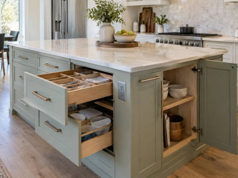 An island with its drawers open shows the storage inside.